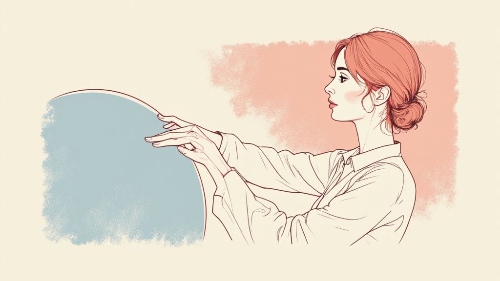 A woman looks contemplative while putting on makeup