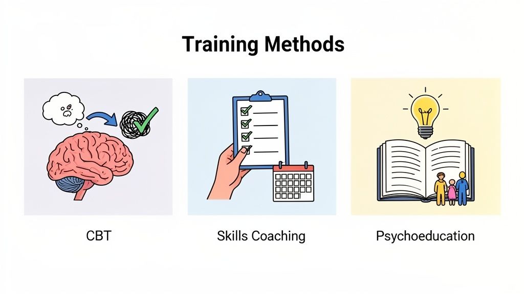 Illustrations of three mental health training methods: CBT, Skills Coaching, and Psychoeducation.