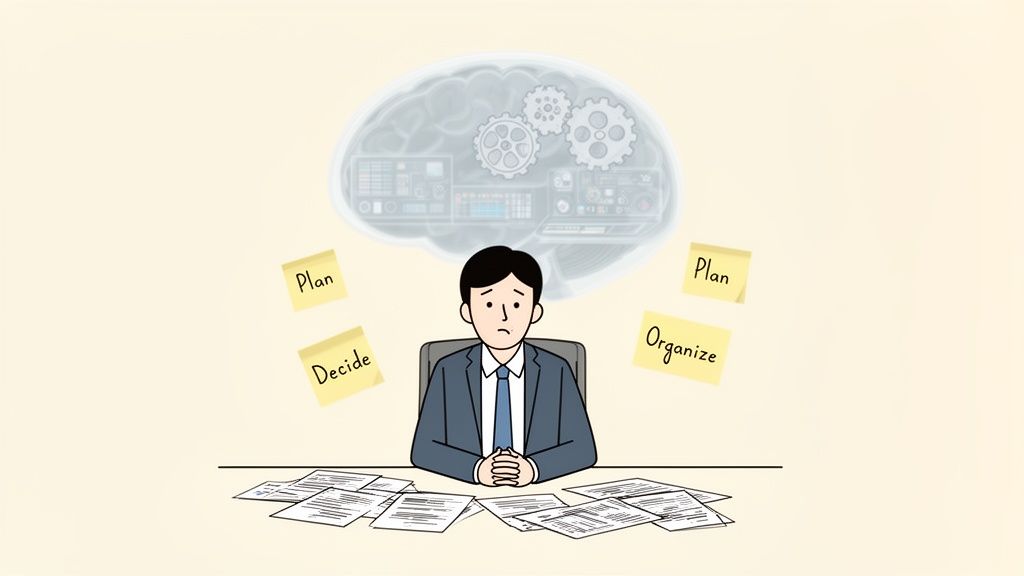 A stressed businessman sits at a desk with papers, surrounded by sticky notes like 'Plan,' 'Decide,' 'Organize,' representing executive function challenges.
