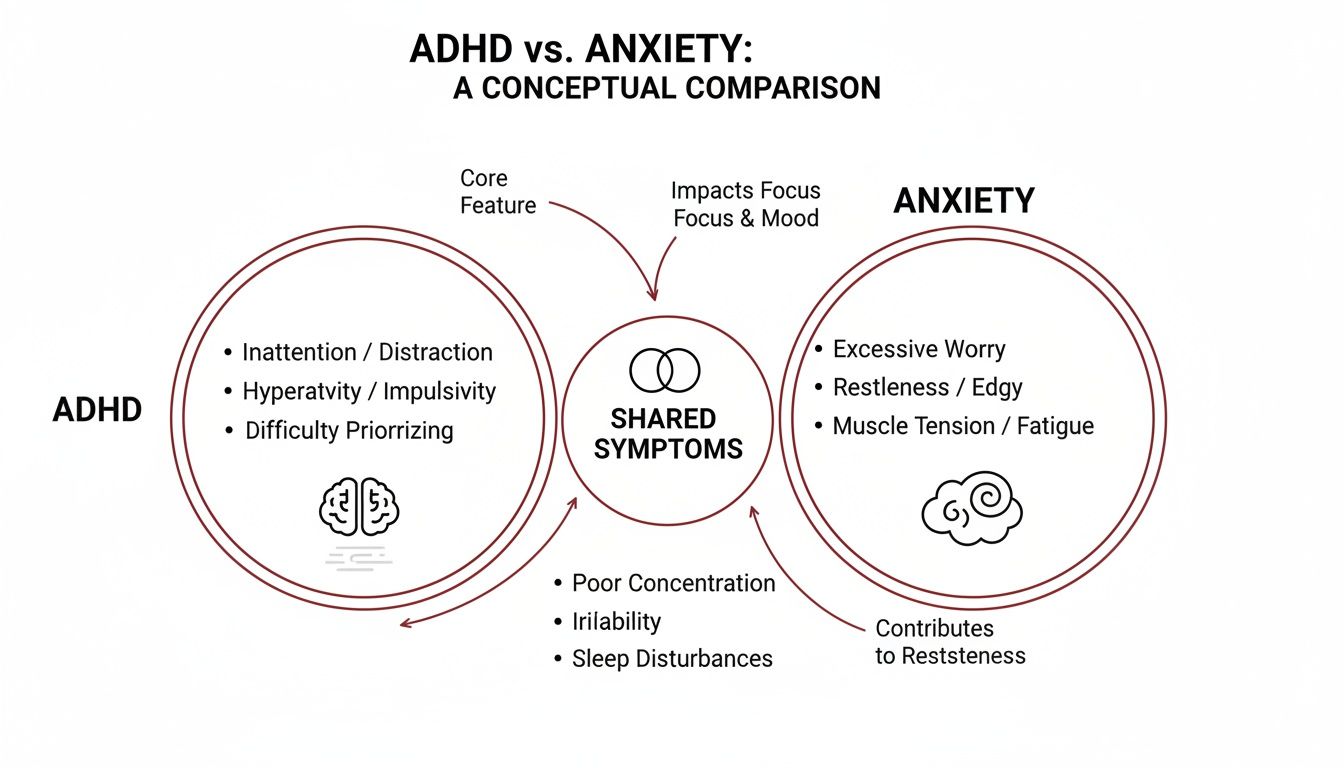 A conceptual comparison chart illustrating the unique and shared symptoms of ADHD and Anxiety.