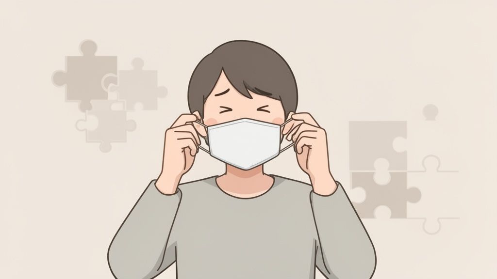 A person with brown hair putting on a white face mask, with eyes closed, against a subtle background of puzzle pieces.