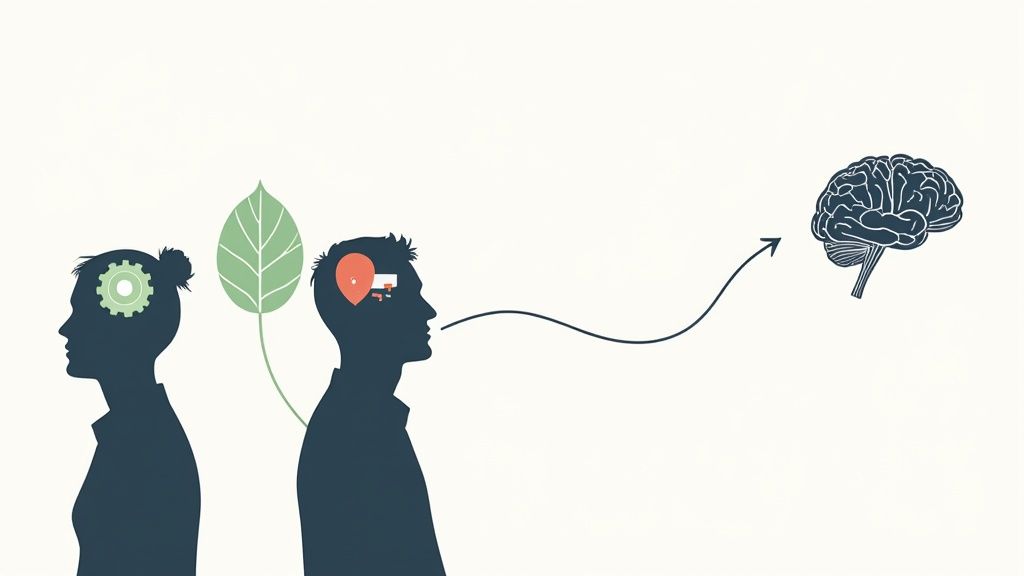 Abstract illustration of human heads, a leaf, and communication leading to a brain.