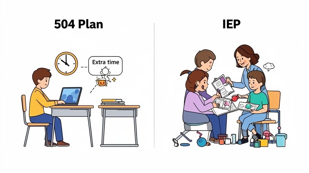 Cartoon showing 504 Plan with extra time for a student and IEP with specialized group learning.