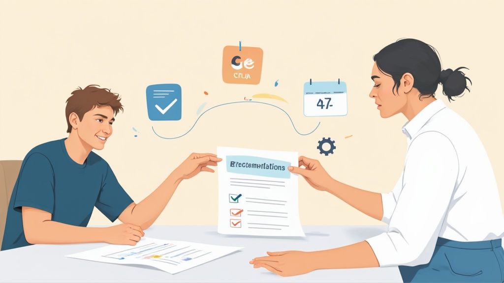 Two individuals reviewing a document with checkboxes and icons, suggesting a task or process assessment.