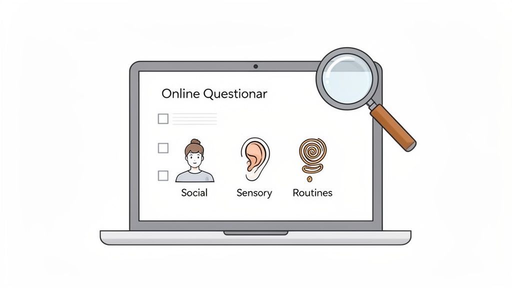 Laptop shows an online questionnaire with social, sensory, and routines categories, magnified for review.