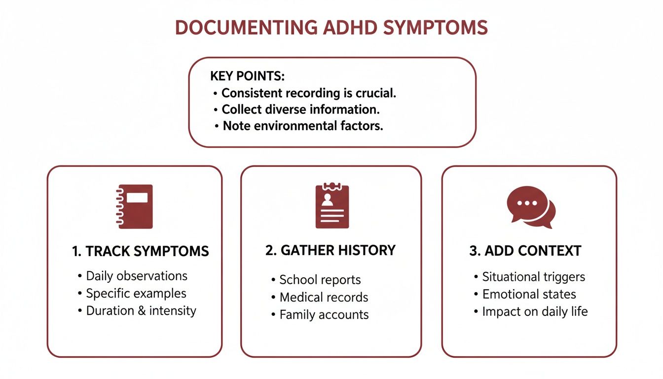 Infographic on documenting ADHD symptoms, detailing key points, tracking symptoms, gathering history, and adding context.