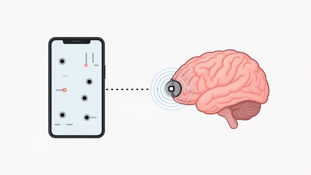 A smartphone wirelessly controlling a brain implant, with the phone displaying a control interface.