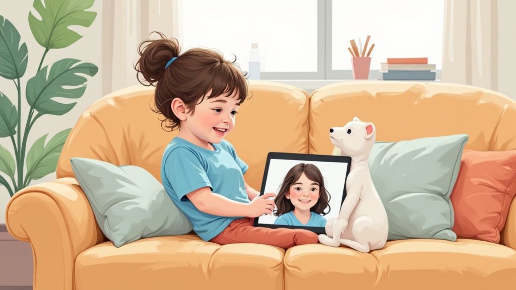 Smiling child on a yellow sofa with a tablet, featuring a face and a white stuffed animal.