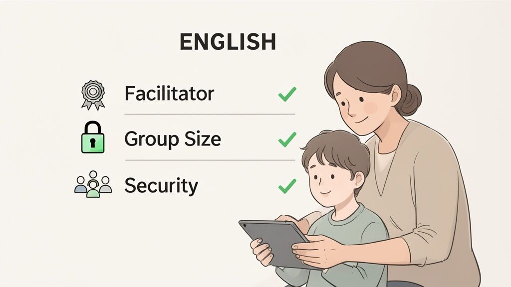 A mother and child happily use a tablet while an English learning platform highlights features like facilitator, group size, and security.