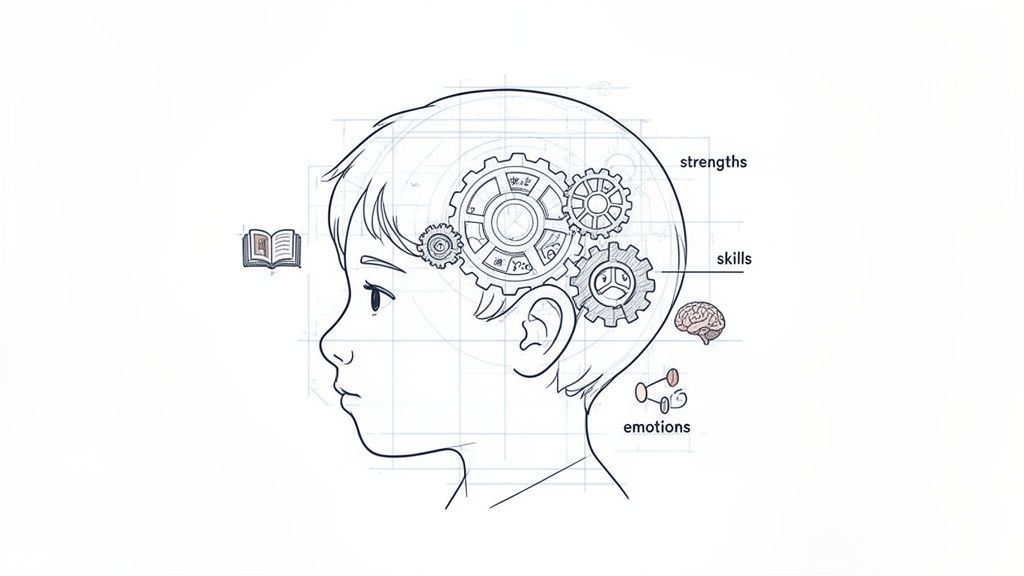 An illustration of a child's head with gears inside, symbolizing strengths, skills, and emotions related to learning.