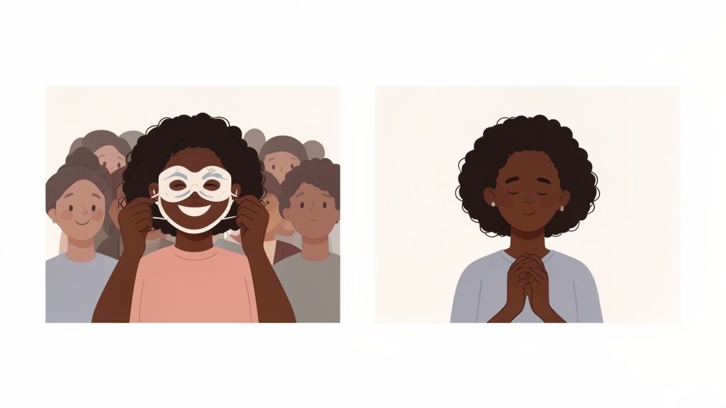 Illustration of a Black woman masking her emotions in a crowd, then finding calm and peace within herself.