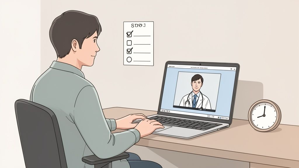 A man at a desk on a laptop, engaging in a telehealth video call with a doctor.