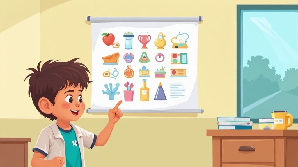 A young student works at his desk, focused on a tablet with a visual schedule while holding a small, textured fidget tool.