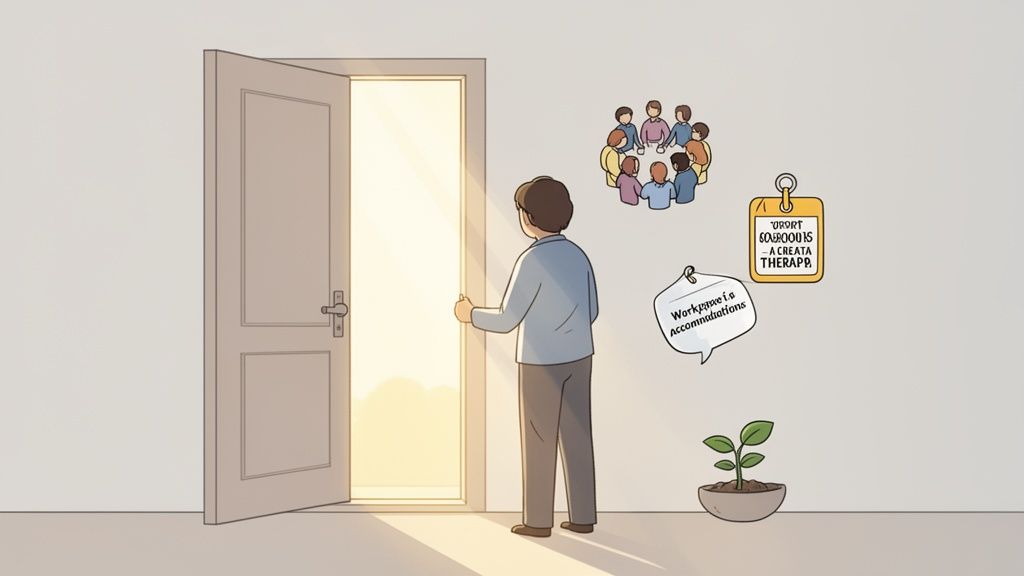 Man looking at bright open door with icons of community, workplace accommodations, and growth.