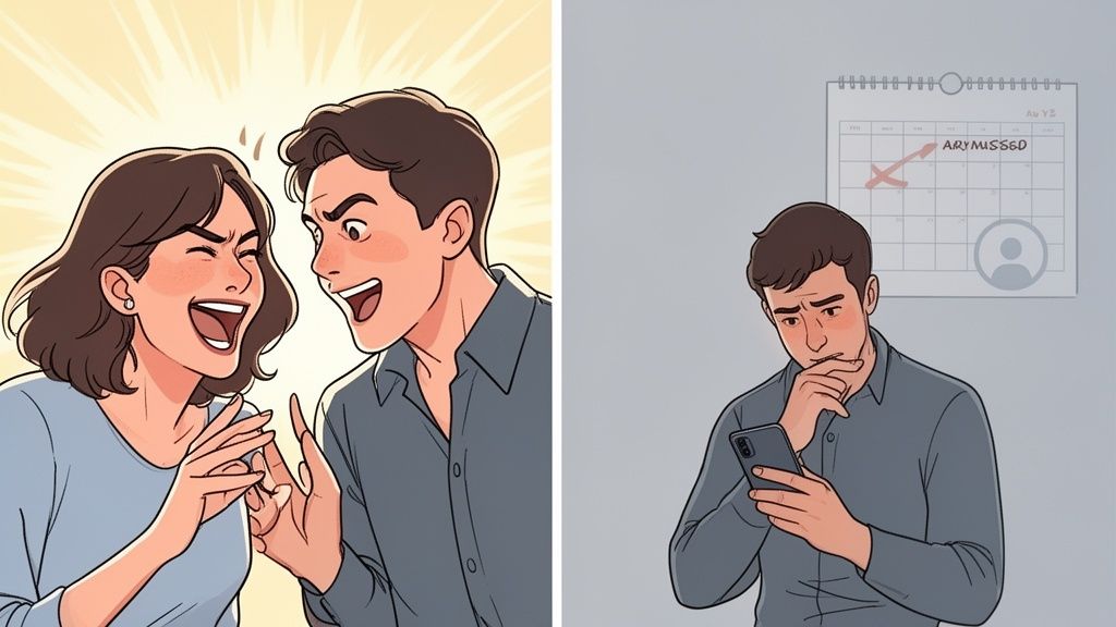 A couple laughing together, contrasted with the man looking worried at his phone and a calendar noting 'missed'.