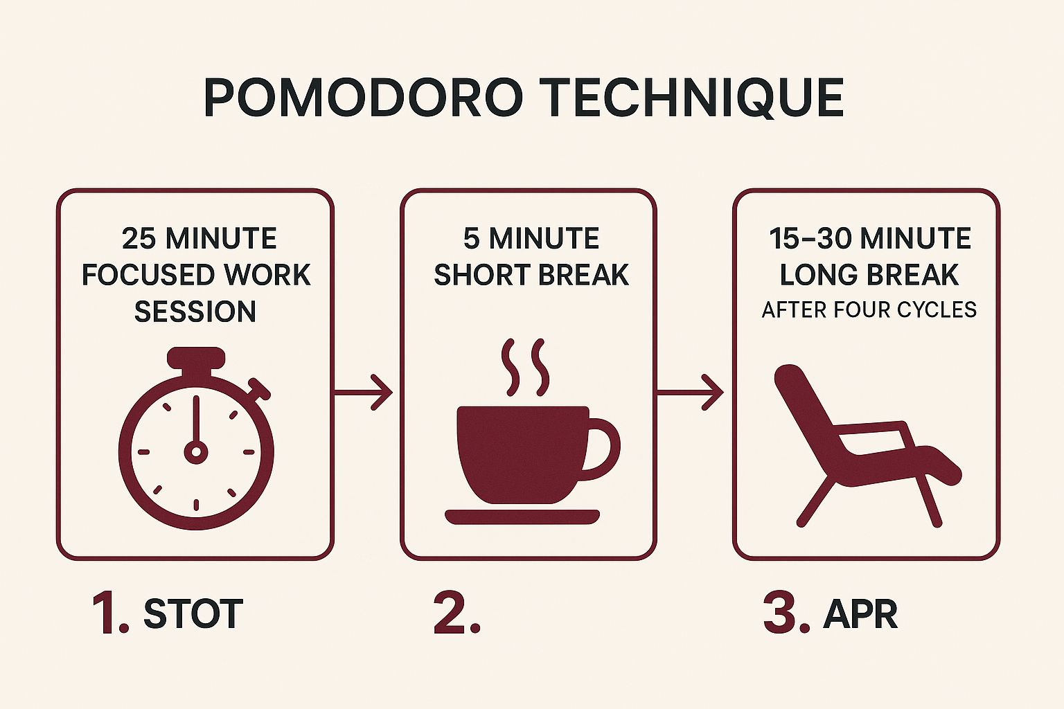 Infographic showing the three-step process of the Pomodoro Technique: 25-minute focus, 5-minute short break, and a longer break after four cycles.