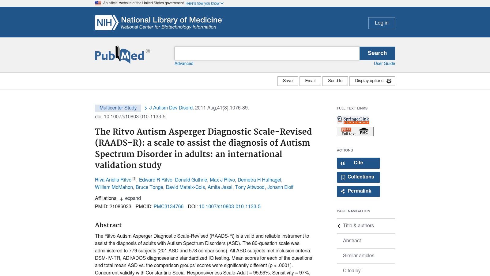 PubMed / Journal of Autism and Developmental Disorders — RAADS-R validation