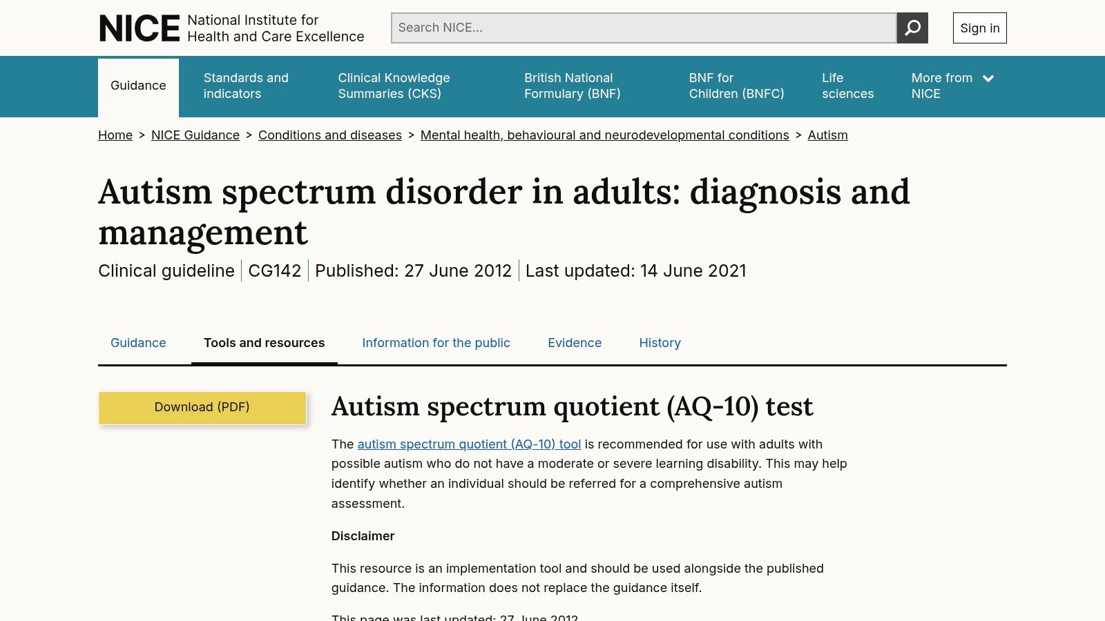 NICE — AQ-10 resource page