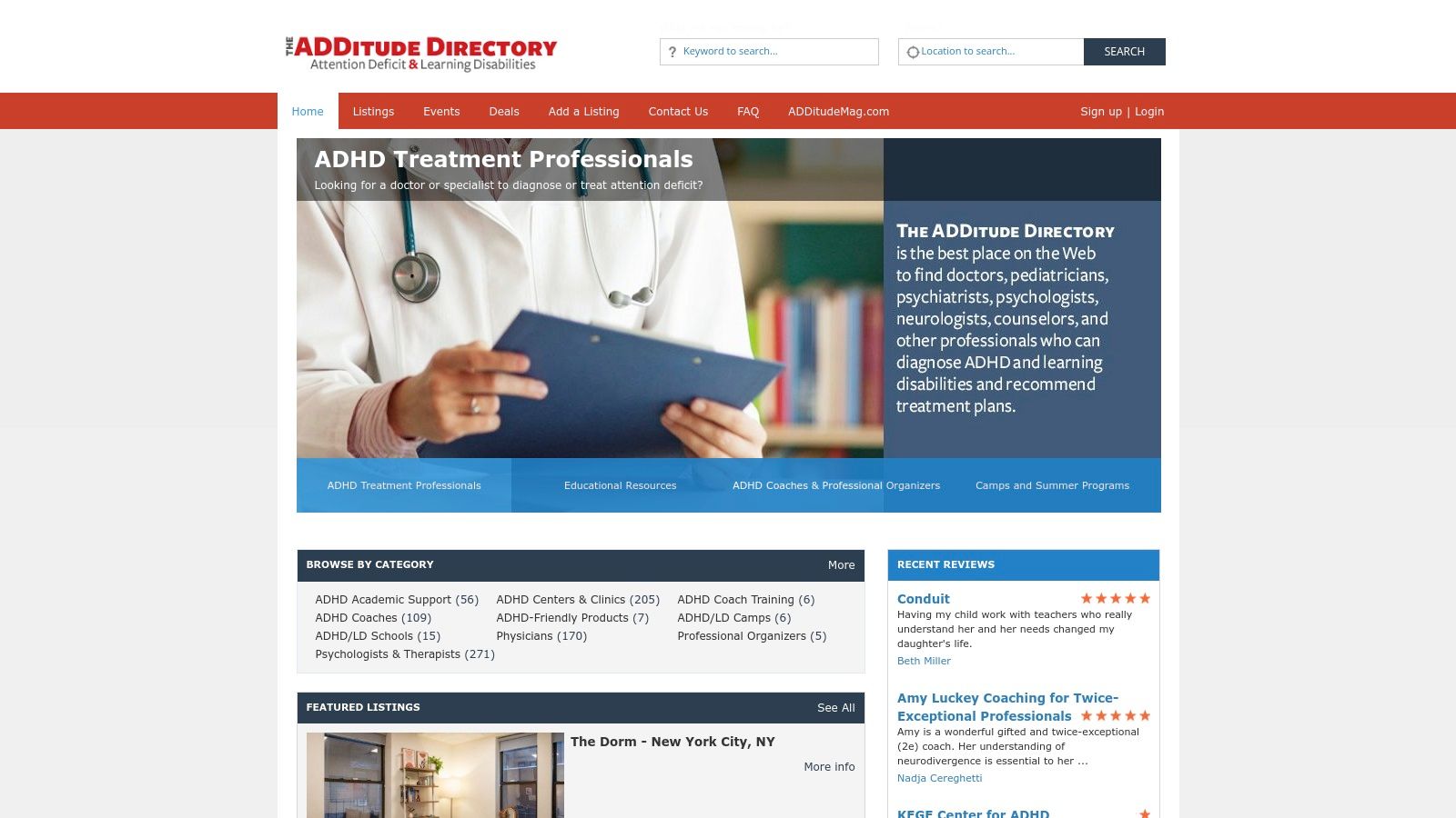 A screenshot of the ADDitude ADHD service directory, showcasing listings for various ADHD professionals and services.