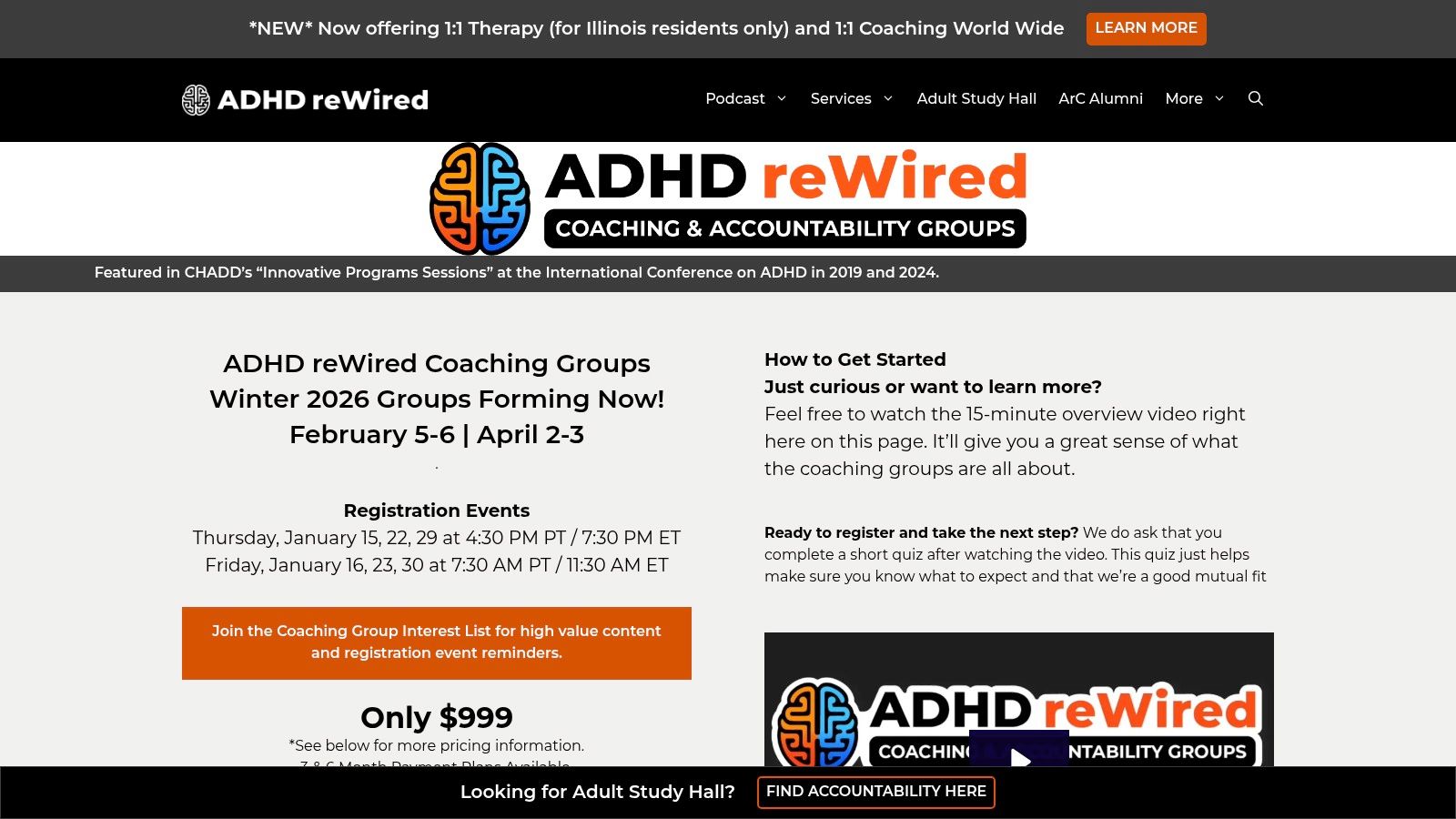 A screenshot of the ADHD reWired website, showing its coaching and study hall offerings, emphasizing a structured, skills-based approach.