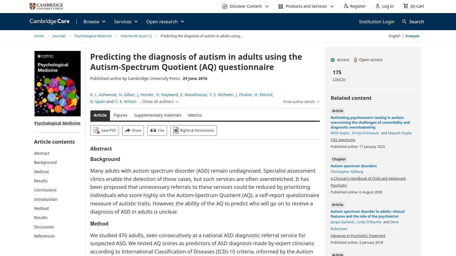 Cambridge Core (Psychological Medicine article on AQ performance)