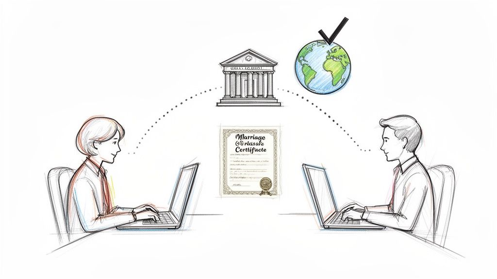 Two people on laptops connected to an online marriage certificate process with a courthouse and globe.