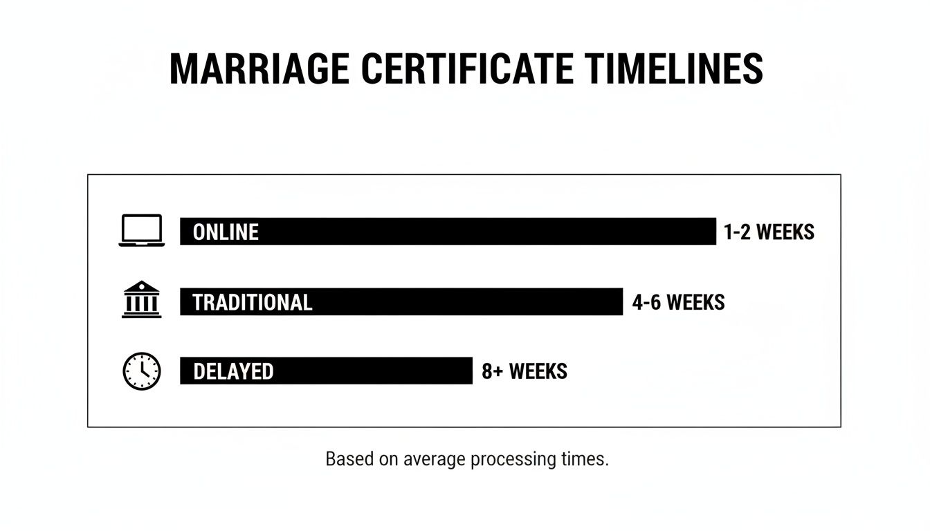 A timeline chart illustrating the average processing times for marriage certificates via online, traditional, and delayed methods.
