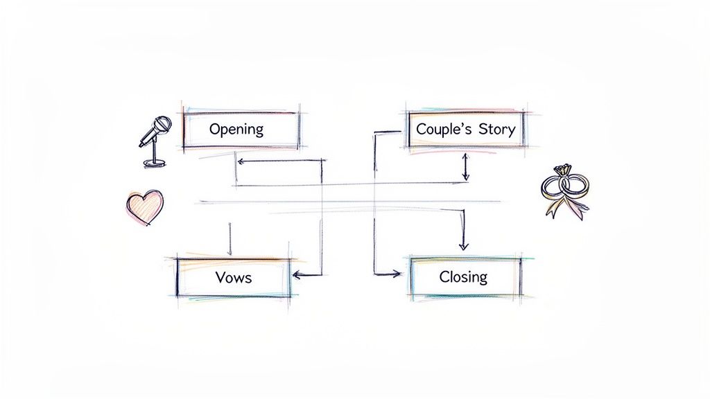 A hand-drawn diagram illustrating the flow of a wedding officiant speech, including opening, couple's story, vows, and closing.