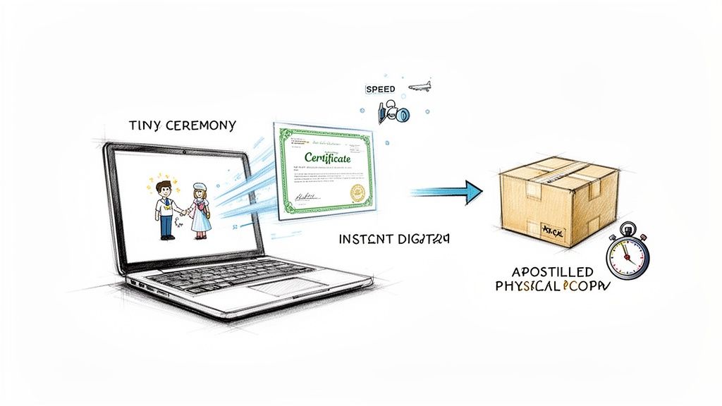 Illustration showing a tiny virtual ceremony leading to an instant digital certificate and a fast apostilled physical copy.