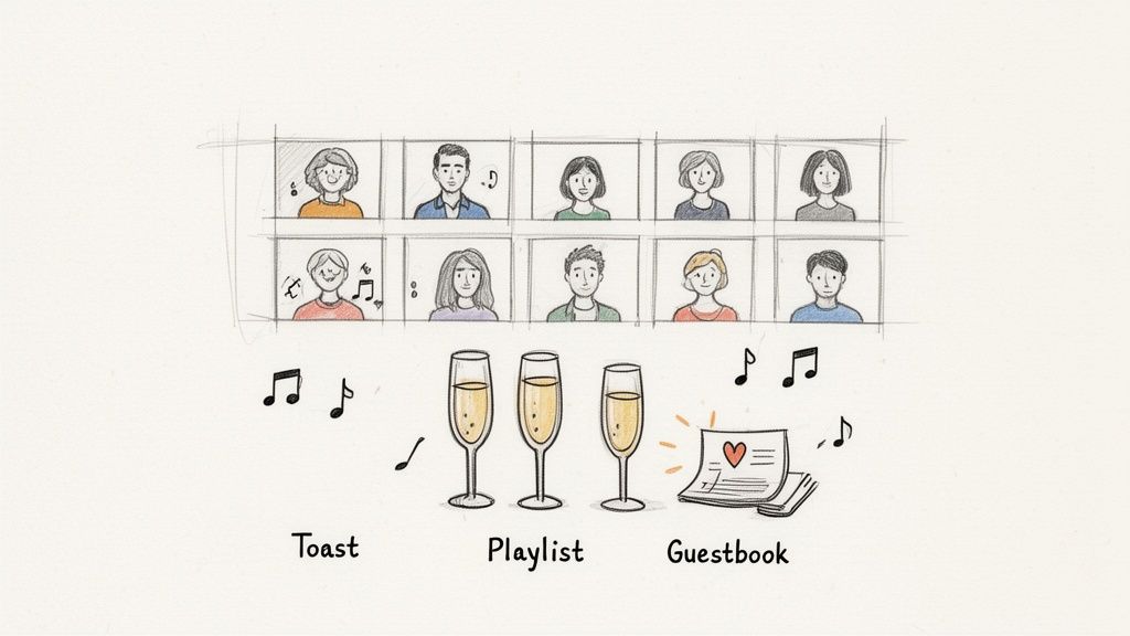 A drawing of virtual guests on screen, champagne glasses for a toast, a playlist, and a guestbook.