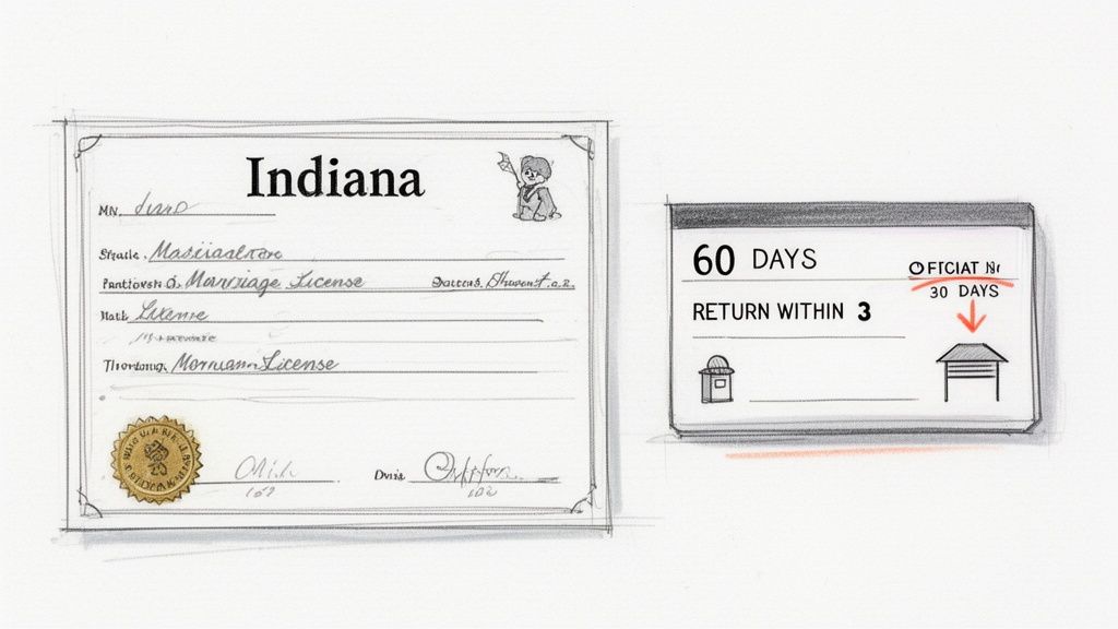 A hand-drawn sketch displaying an Indiana Marriage License document and a timeline diagram.