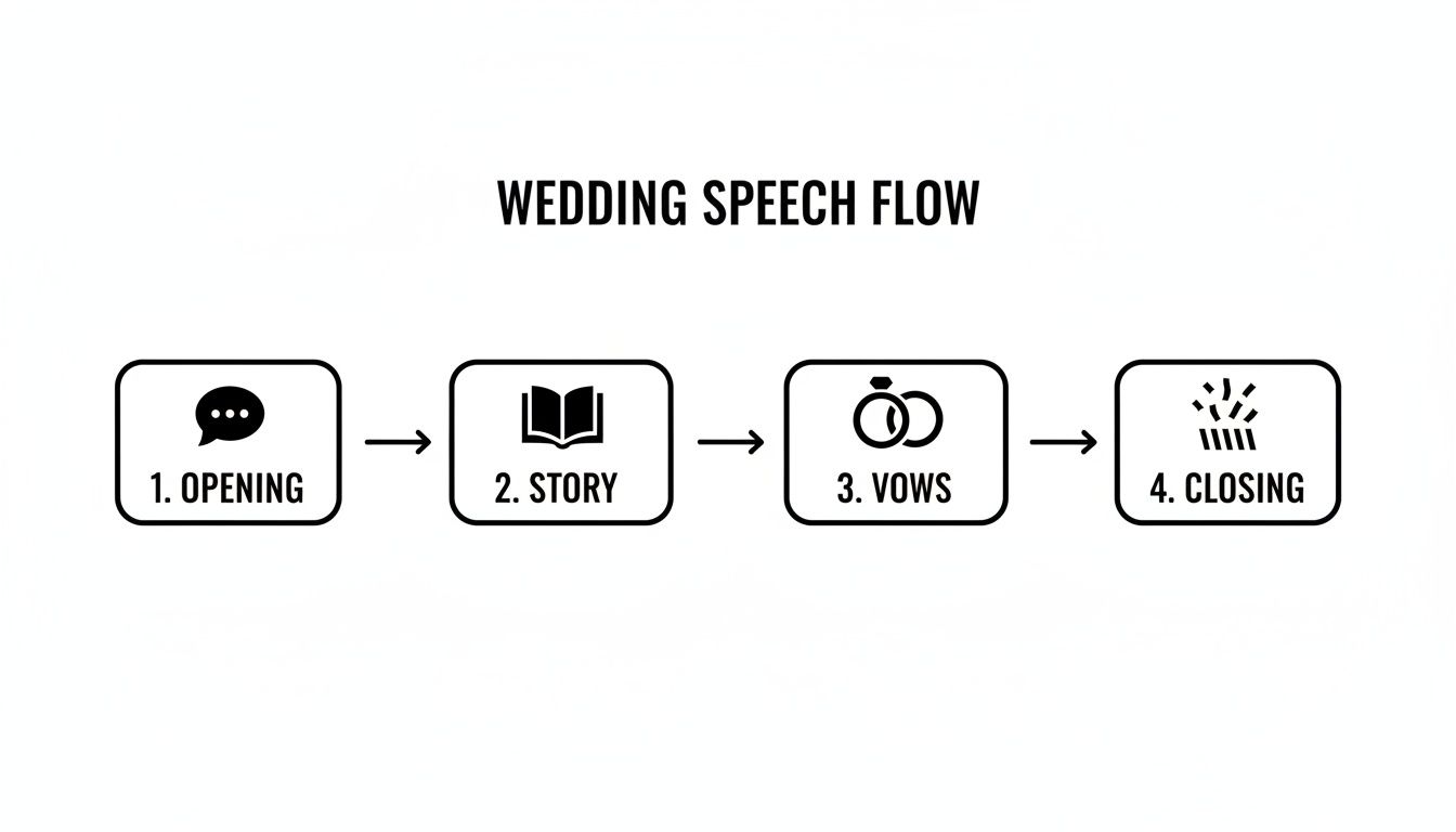 Flowchart illustrating the four essential steps of a wedding speech: opening, story, vows, and closing.
