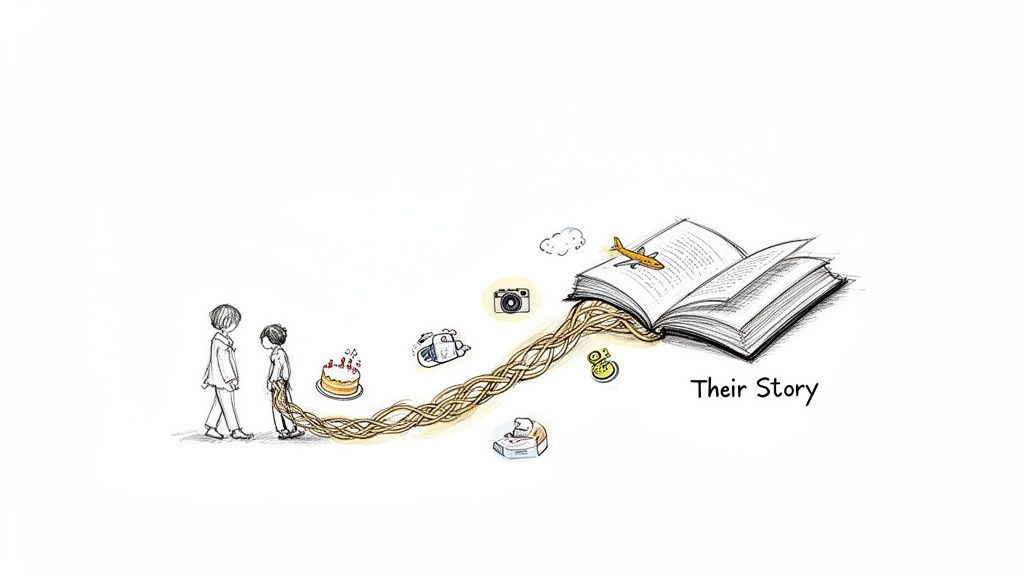 A whimsical drawing of two people connected by a braided path of memories leading to an open book, symbolizing 'Their Story'.