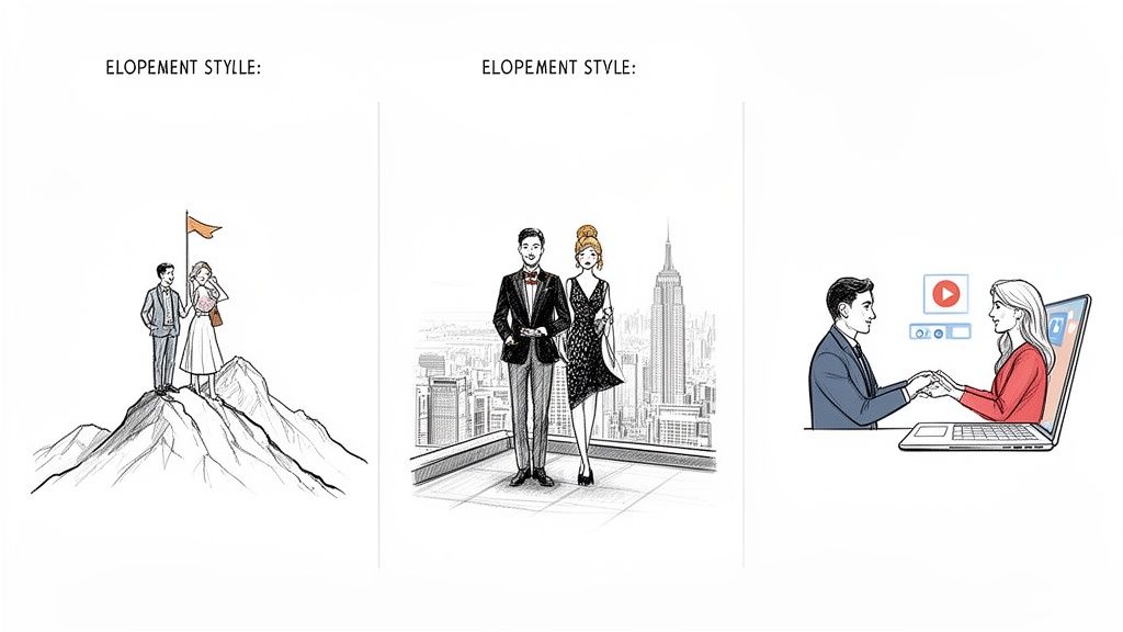 Three illustrations depicting different elopement styles: mountain top, city rooftop, and virtual online.