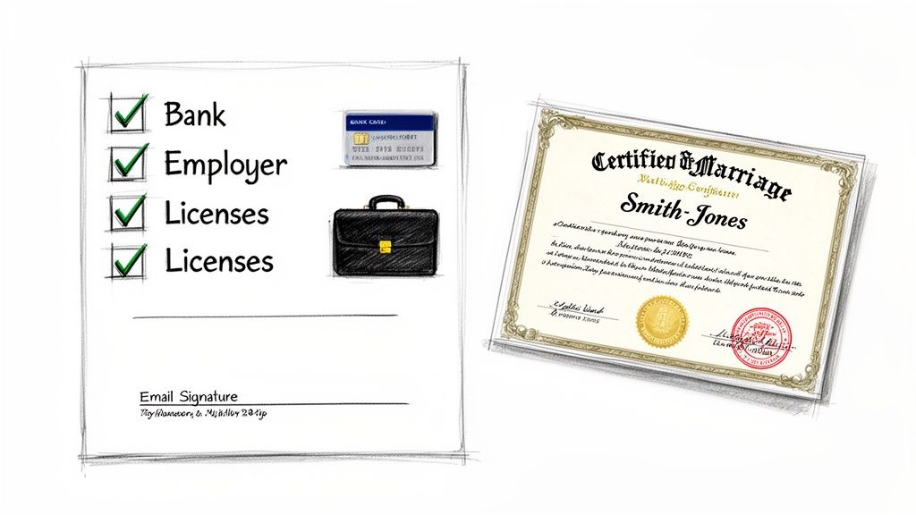 Checklist for updating details after marriage, including bank, employer, licenses, email, and a marriage certificate.