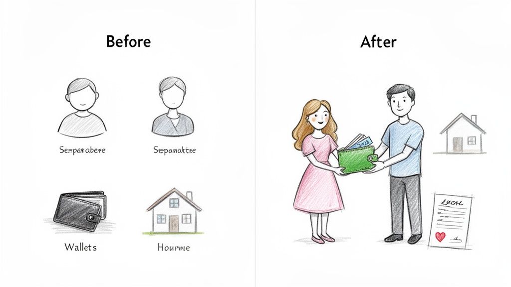 Comparison of separate finances and homes 'Before' marriage, and shared finances, home, and legal union 'After'.