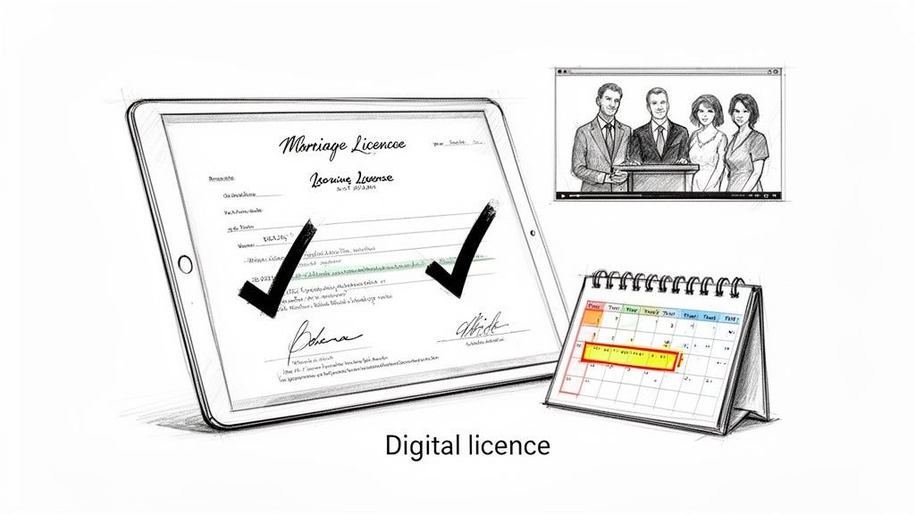 Illustration of a tablet displaying a digital marriage license, a video call, and a calendar.