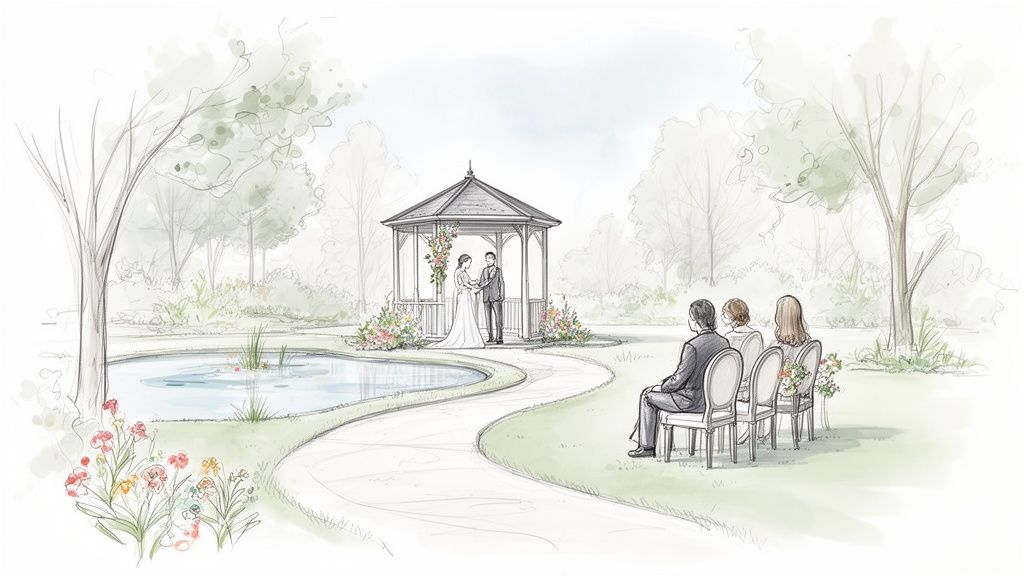 An illustrated outdoor garden wedding with a couple getting married under a gazebo, observed by guests.