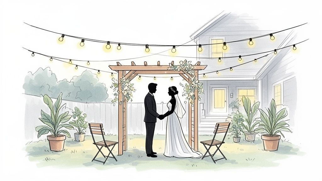 An intimate backyard wedding ceremony with a silhouette couple holding hands under a floral arbor.