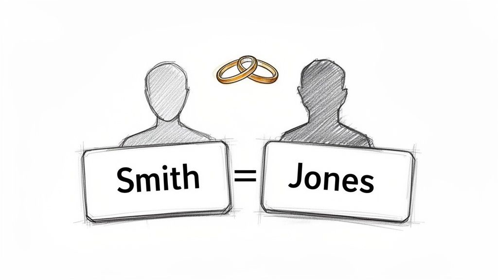 Illustration showing two people, Smith and Jones, marrying, symbolized by wedding rings and an equals sign.