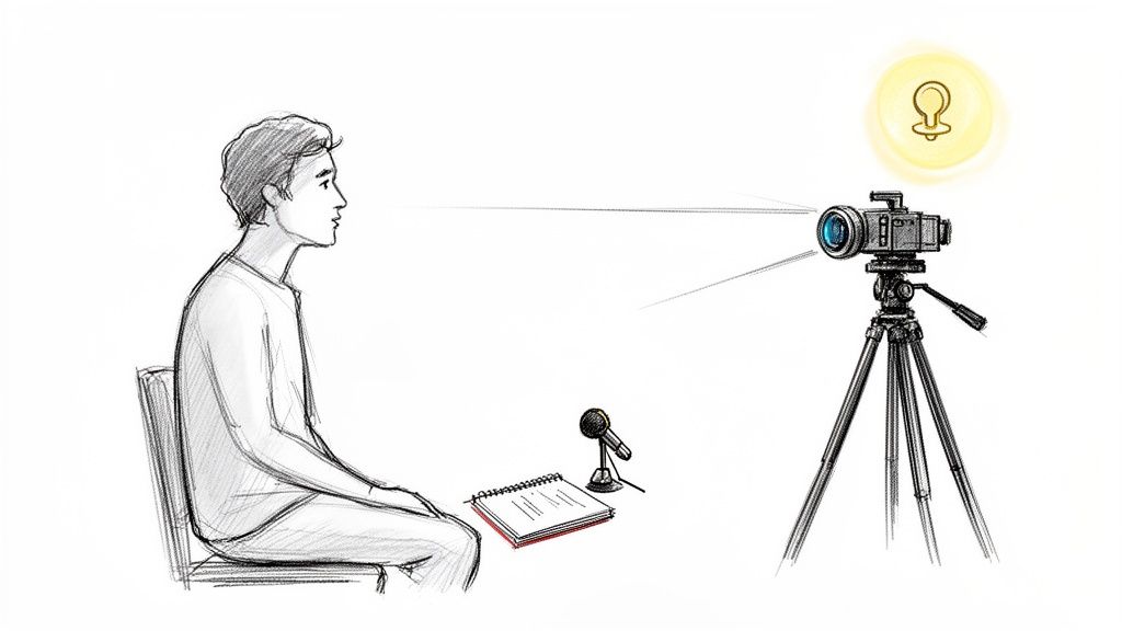 Sketch of a man sitting, facing a camera on a tripod for an interview or recording.