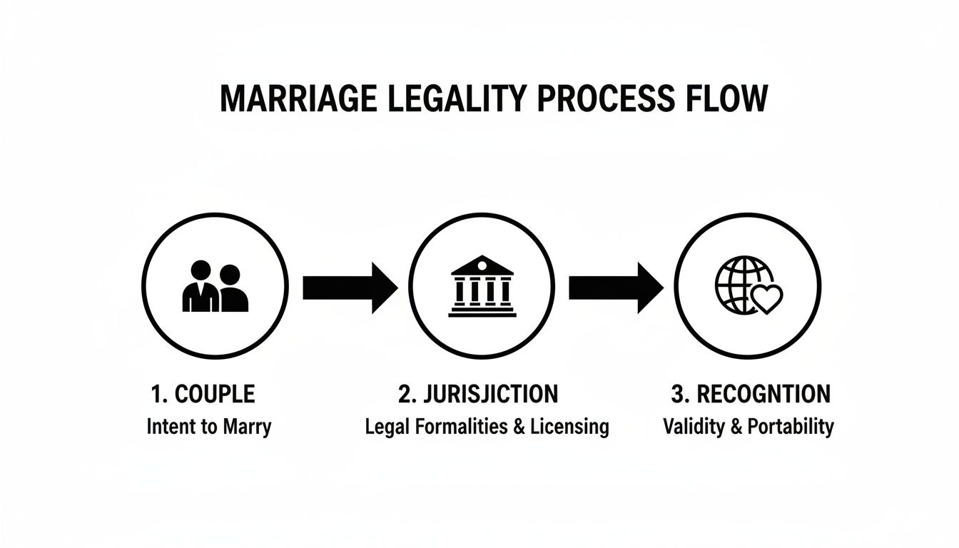 A three-step flow chart illustrating the marriage legality process, from couple's intent to global recognition.