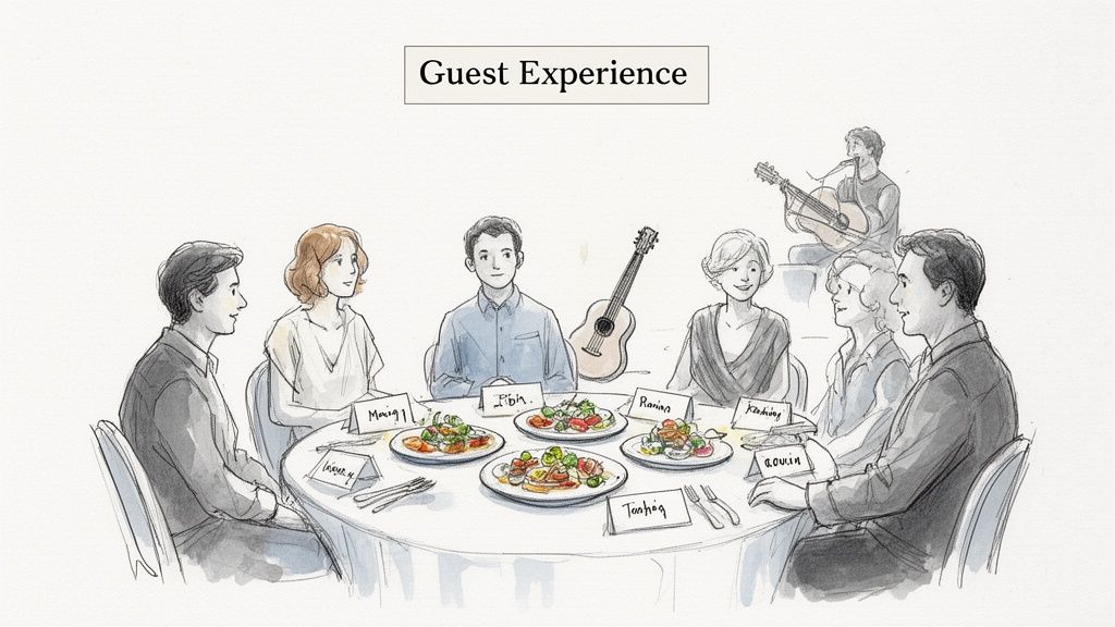 Watercolor illustration of guests dining at a table, enjoying food, conversation, and live music.