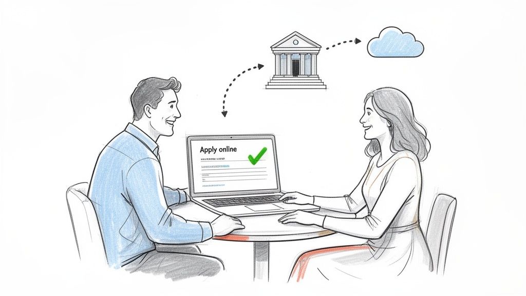 A couple applying online using a laptop, showing a successful application to a bank via the cloud.