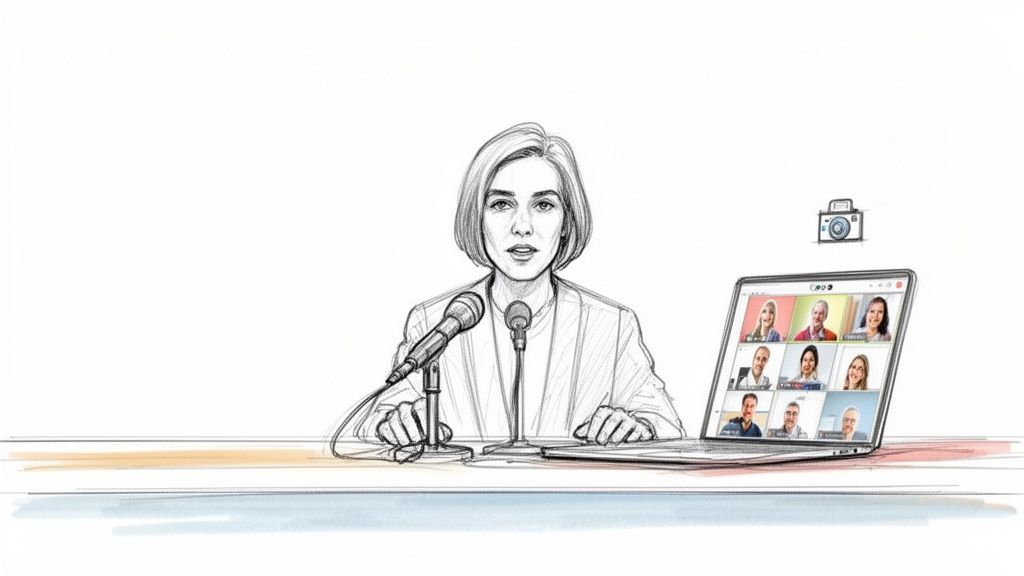 An illustrated woman speaks into microphones during a virtual meeting displayed on a laptop.
