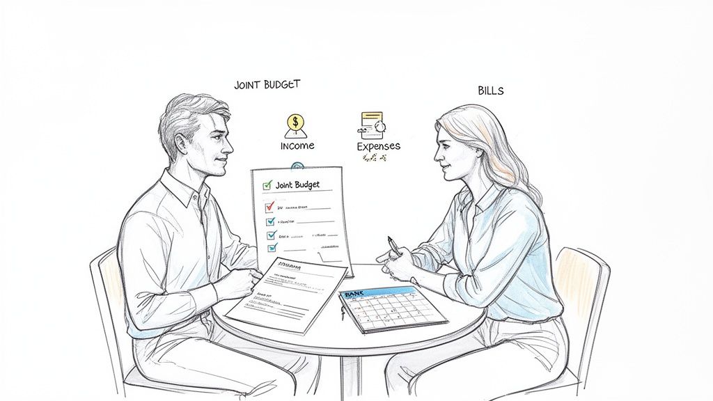 A couple sits at a table, reviewing documents for a joint budget, income, and expenses.