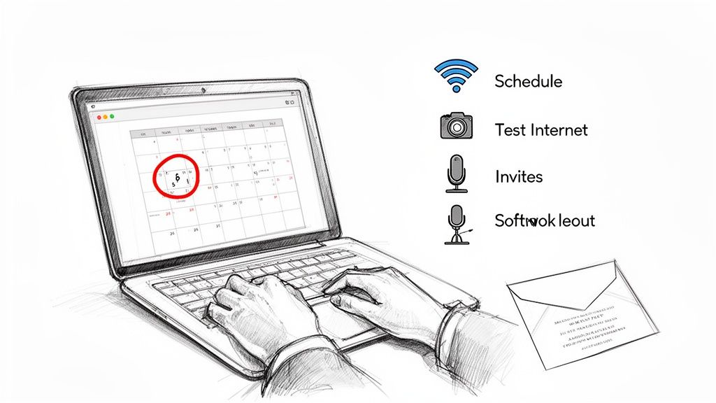 A person uses a laptop for scheduling, checking internet, and managing invitations, possibly for an online event.