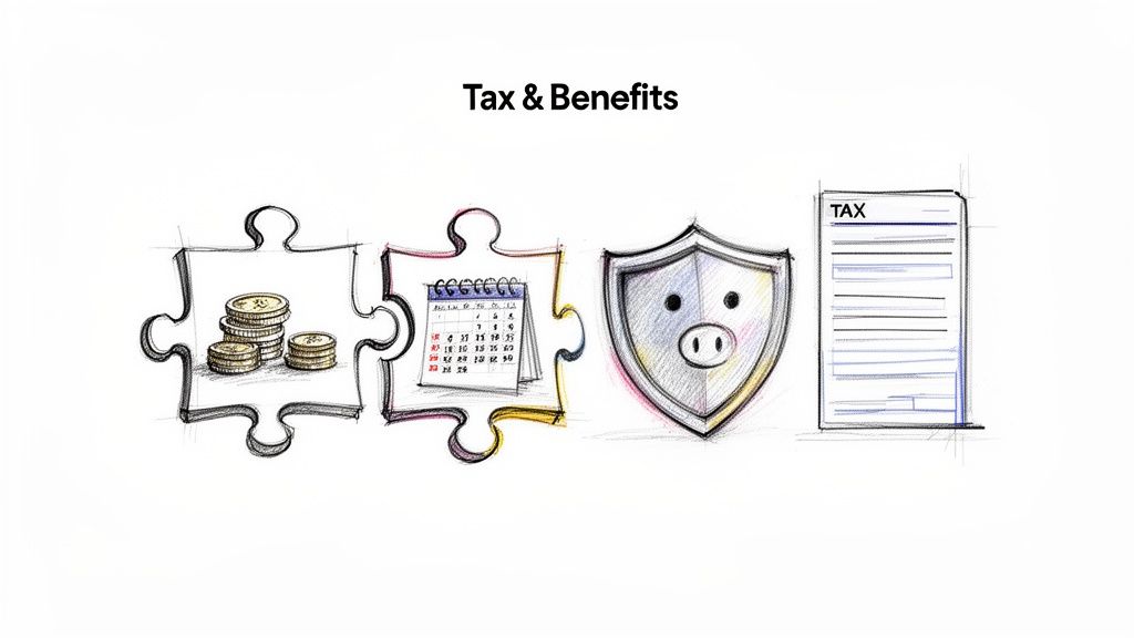 Illustrations depicting tax forms, a calendar, coins, and a piggy bank shield for tax and benefits.