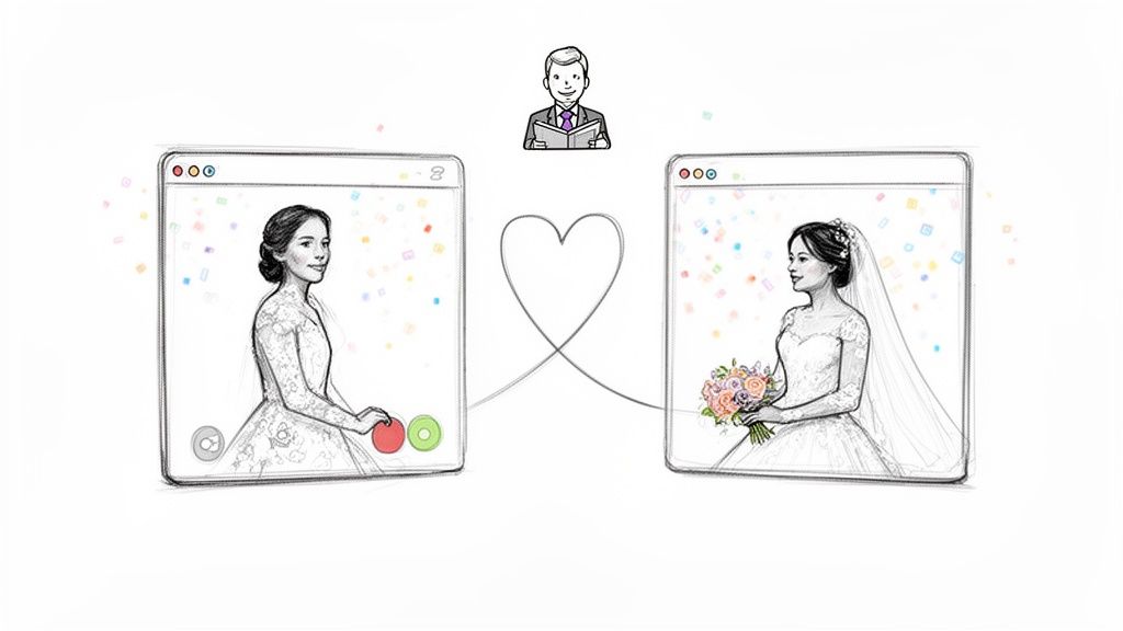 Two brides in wedding dresses conducting a virtual wedding ceremony with an officiant and heart connecting screens.