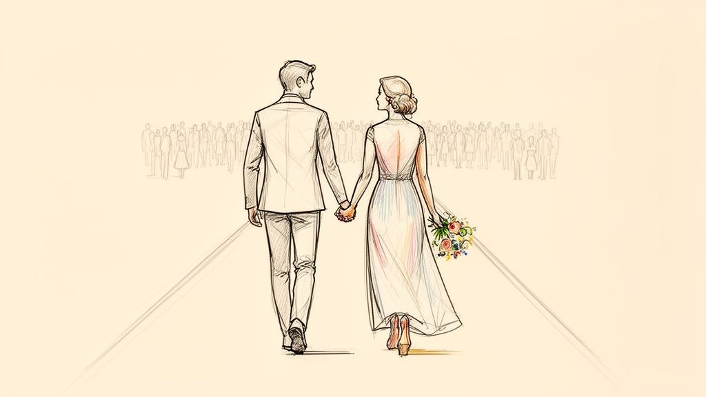 Sketch drawing of a newlywed couple walking hand-in-hand away from a crowd, holding a colorful bouquet.